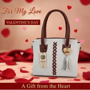 Floral White & Brown Cross Stitch Embossed Tooled Artisan LEATHER Bag Purse Tote